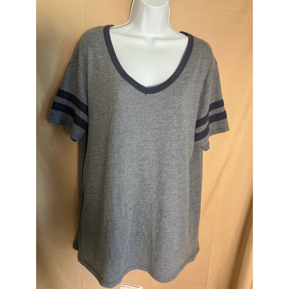 Unbranded V-Neck Ringer Tee Womens XL Gray Navy Excellent Varsity Stripe Top